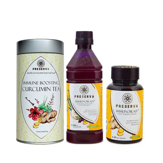 Preserva Wellness Immune Boosting Tea, Immunoblast Juice, and Immunoblast Capsules on a white background.
