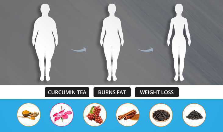 A vortex image of a person transforming from obese to fit with Weight Watcher Tea’s ingredients photos. Text written- Curcumin tea, Burns fat, and Weight loss.