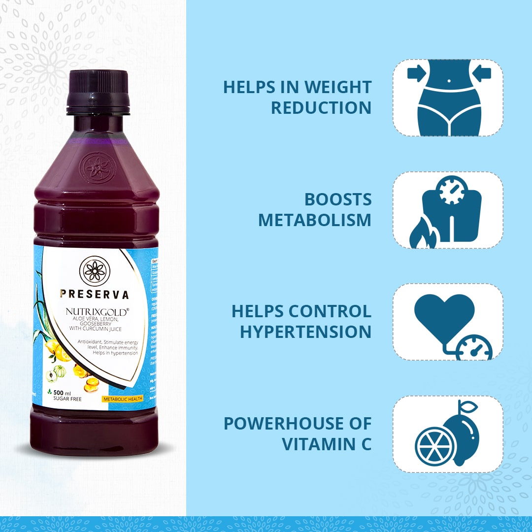 Preserva Wellness Nutrixgold Juice with its Benefits. Text written- Helps in weight reduction, Boosts metabolism, Helps control hypertension, and Powerhouse of Vitamin C