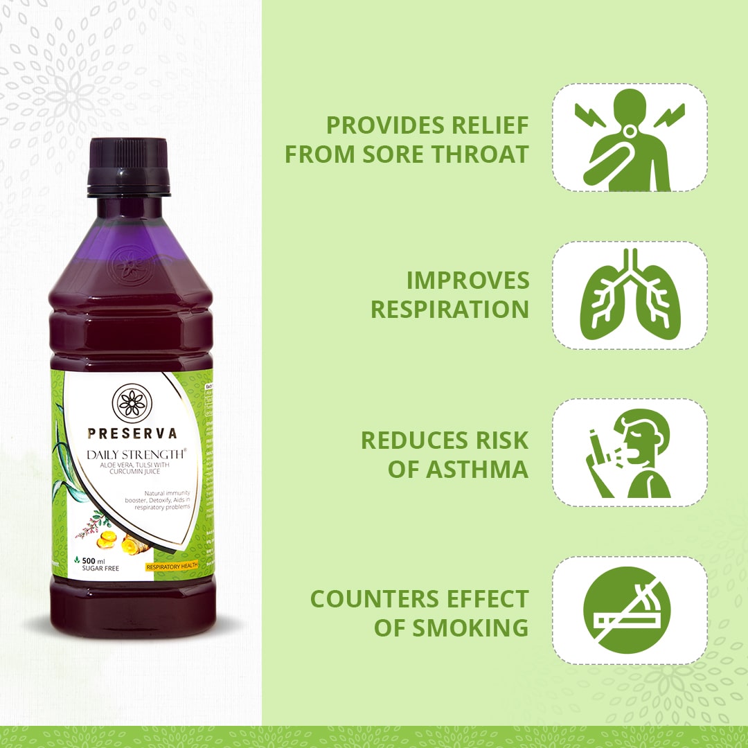 Preserva Wellness Daily Strength Juice with its Benefits. Text written- Provides relief from sore throat, Improves respiration, Reduces risk of asthma, and Counters effect of smoking.