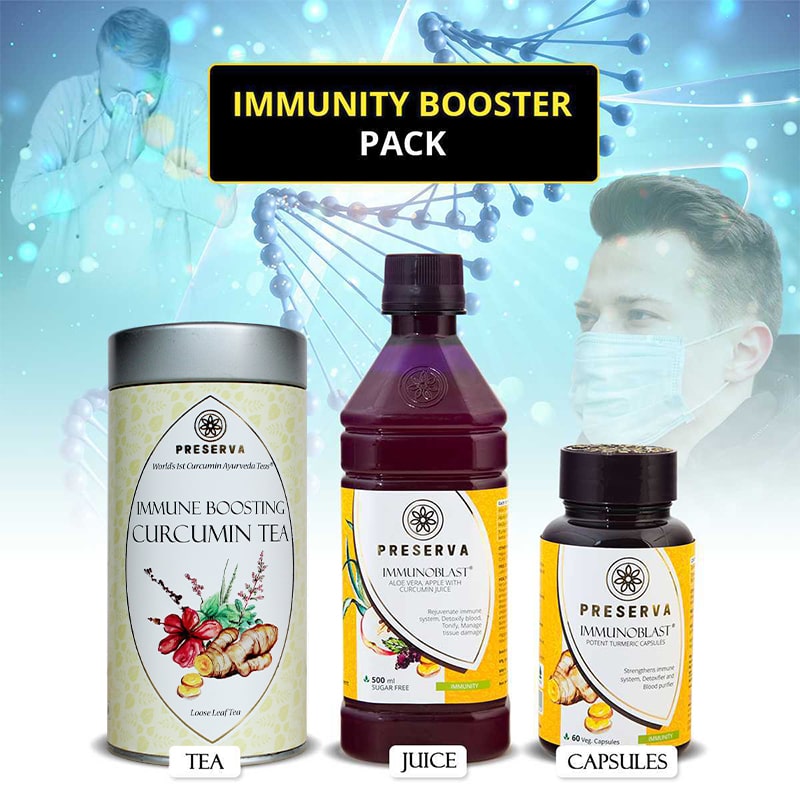Preserva Wellness Immunity Booster Pack with a background of a sick person, a DNA vector, and a person with a face mask.