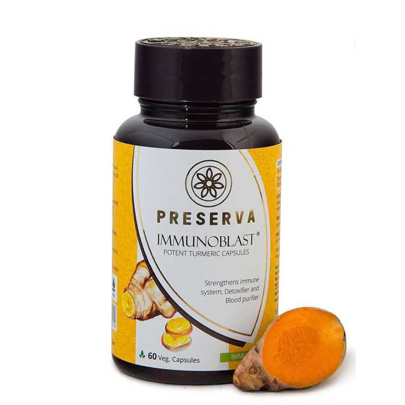 Preserva Wellness Immunoblast Capsules with sliced curcumin on a white background