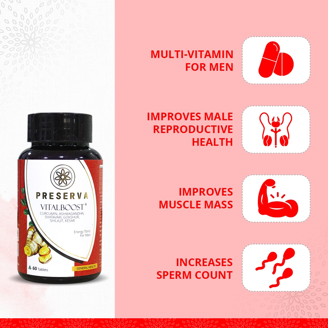 Preserva Wellness Vitalboost Tablets with its Benefits. Text written- Multi-vitamin for men, improves male reproductive health, improves muscle mass, and increases sperm count