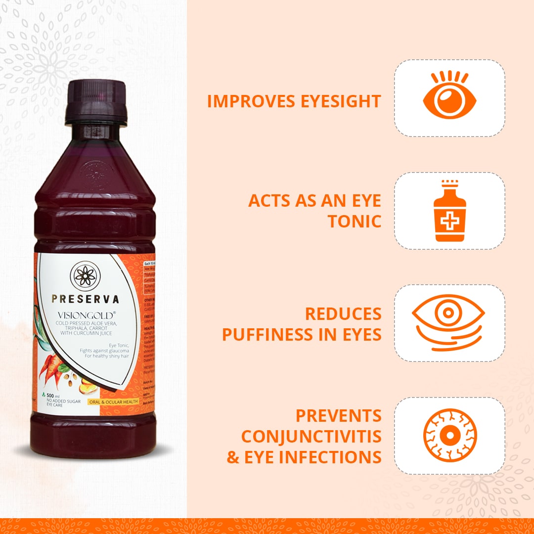 Preserva Wellness Visiongold Juice with its Benefits. Text written- Improves eyesight, acts as an eye tonic, reduces puffiness in eyes, and prevents conjunctivitis & eye infections.