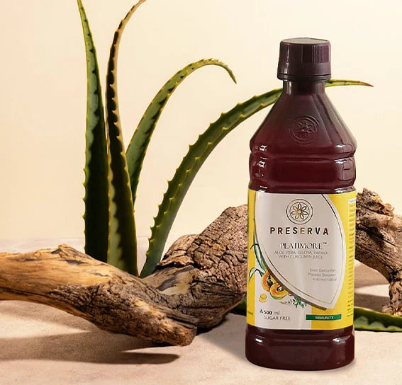 Platimore Juice in front of a tree branch with Aloe Vera in the background.