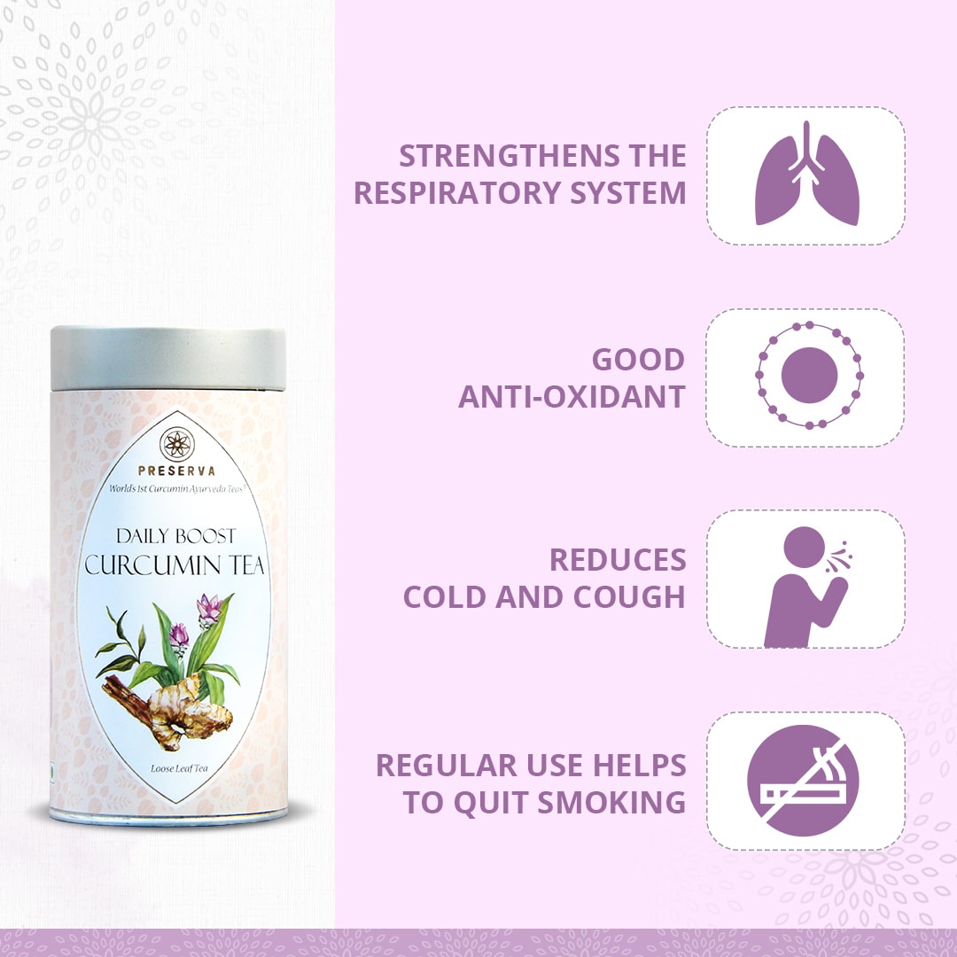 Preserva Wellness Daily Boost Tea Box with its Benefits. Text written- Strengthens the respiratory system, good anti-oxidant, reduces cold and cough, and regular use helps to quit smoking.