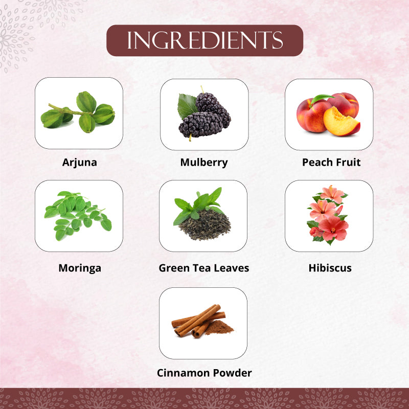 Ingredients of Preserva Wellness Daily Heart Care Tea. (Arjuna, Mulberry, Peach fruit, Moringa, Green Tea leaves, Hibiscus, and Cinnamon powder)