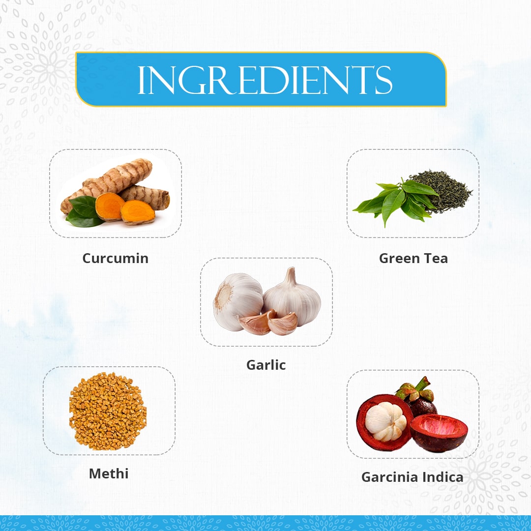  Ingredients of Preserva Wellness Turmlitegold Capsules. (Curcumin, Garcinia Indica, Methi, Garlic powder & Green tea)