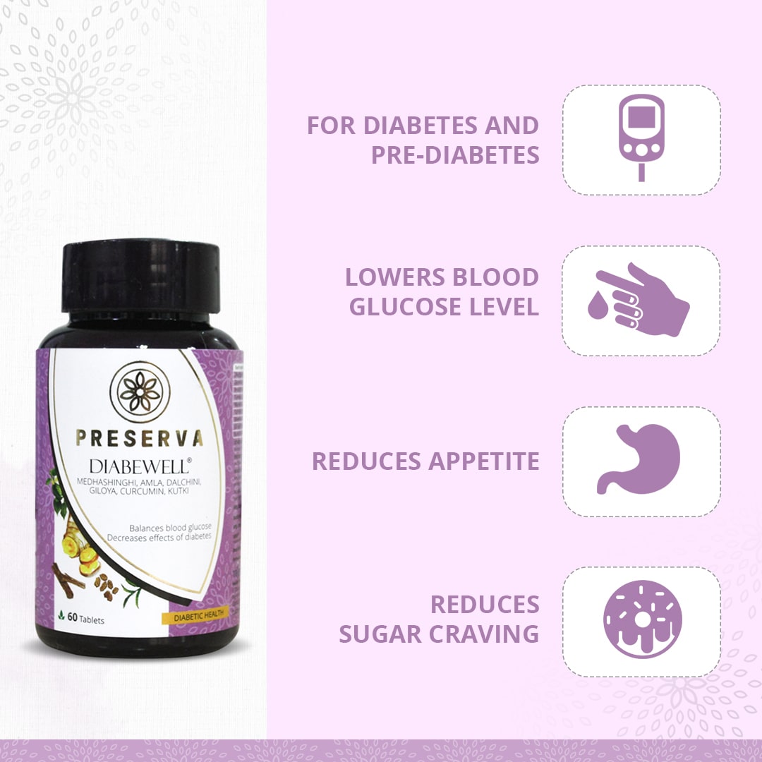 Preserva Wellness Diabewell Tablets with its Benefits. Text written- For diabetes and pre-diabetes, lowers blood glucose level, reduces appetite, and reduces sugar cravings.