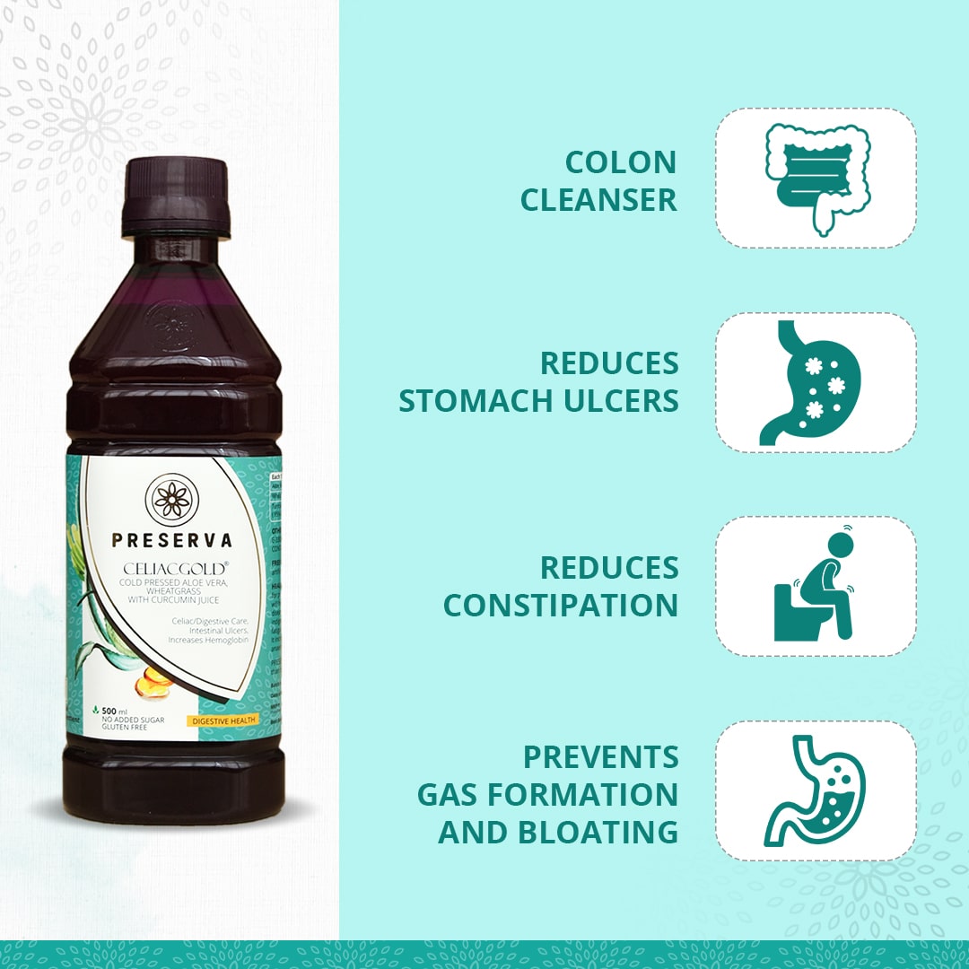 Preserva Wellness Celiacgold Juice with its Benefits. Text written- Colon cleanser, Reduces stomach ulcers, Reduces constipation, and Prevents gas formation & bloating.