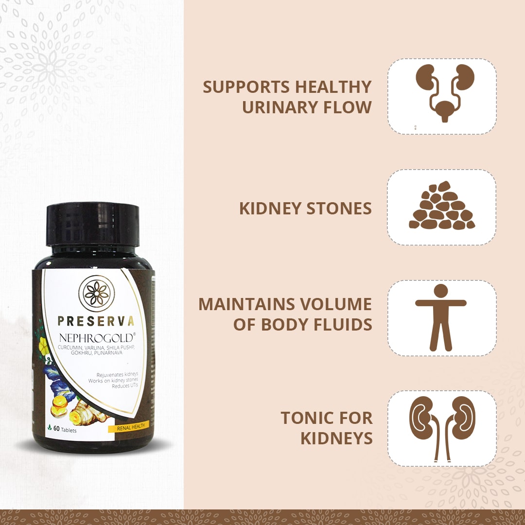 Preserva Wellness Nephrogold Tablets with its Benefits. Text written- Supports healthy urinary flow, kidney stones, maintains volume of body fluids, and tonic for kidneys. 