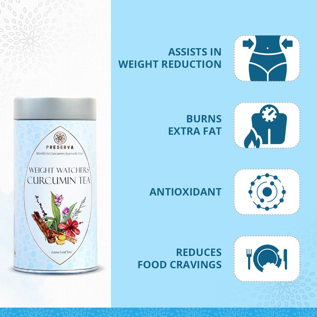 Preserva Wellness Weight Watcher Tea Box with its Benefits. Text written- Assists in weight reduction, burns extra fat, antioxidant, and reduces food cravings.