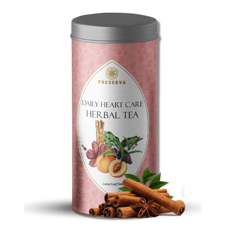 Preserva Wellness Daily Heart Care Tea Box with cinnamon barks on a white background.