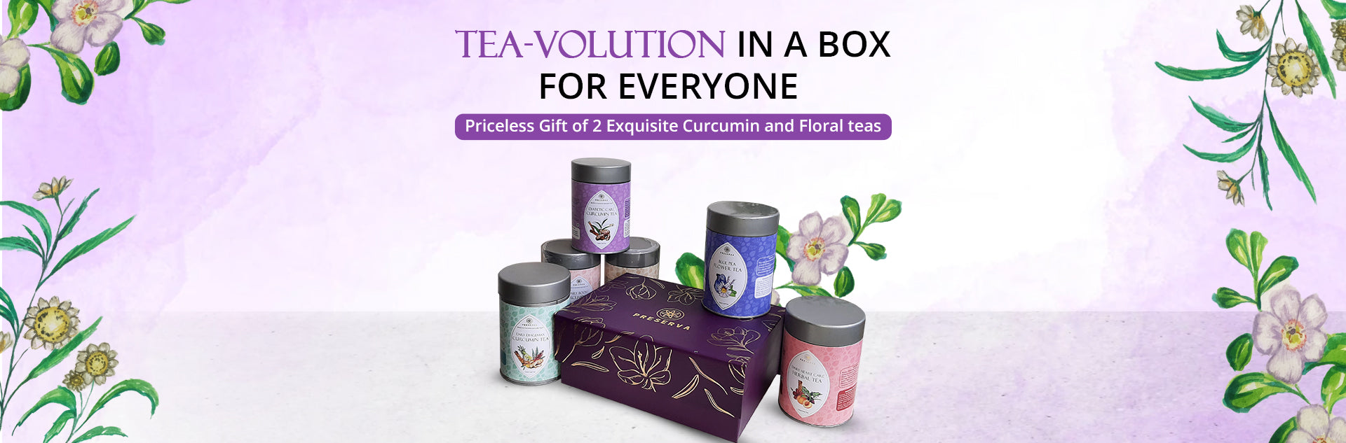 Preserva Wellness Tea Gift Box with small tea boxes on a purple floral banner