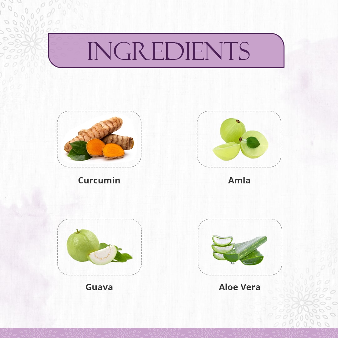 Ingredients of Preserva Wellness Diagemax Juice. (Curcumin, Amla, Guava, and Aloe Vera)