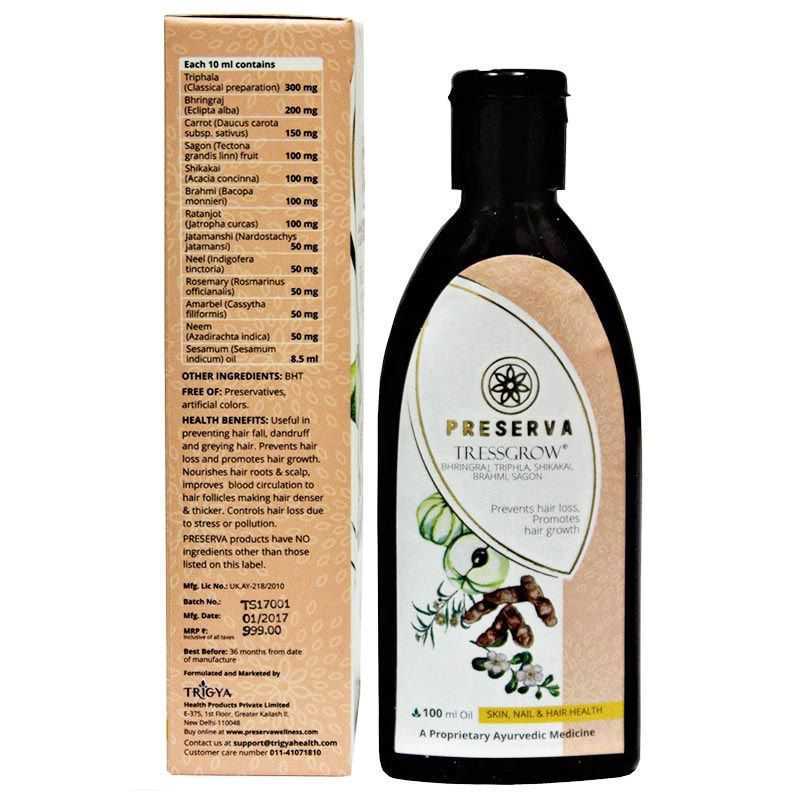 Preserva Wellness Tressgrow Oil table of contents written on the back of the box.